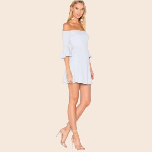 NBD Revolve Seduire Mini Light Blue Dress Off The Shoulder Ribbed Size Small - Picture 2 of 16